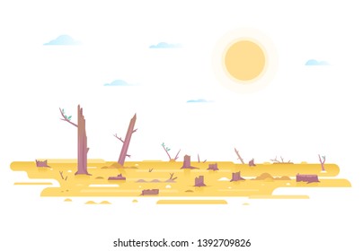 Deforestation with many stumps in desert place, nature disaster concept illustration in flat style isolated, cutting down trees, environmental pollution and ecological problems