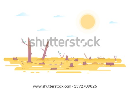 Deforestation with many stumps in desert place, nature disaster concept illustration in flat style isolated, cutting down trees, environmental pollution and ecological problems