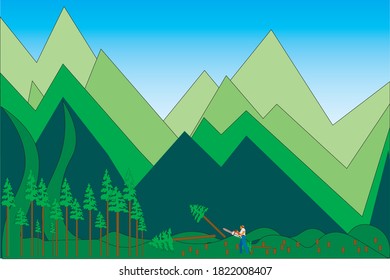 Deforestation with many stumps in forest, nature disaster concept illustration in flat style isolated. Man cutting down trees, environmental pollution and ecological problems