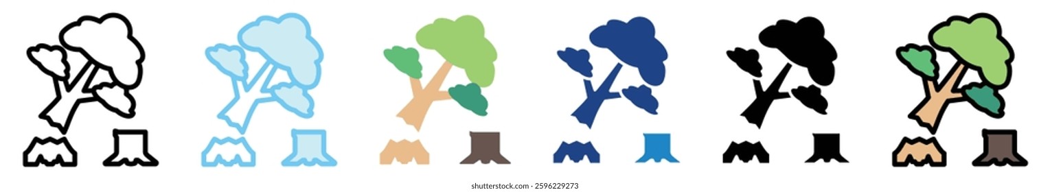 Deforestation multi style, mini illustration icon set. outline, flat, glyph, line color, UI, UX, app and web, digital or print. related to ecology and environment.