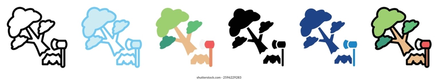 Deforestation multi style, mini illustration icon set. outline, flat, glyph, line color, UI, UX, app and web, digital or print. related to ecology and environment.