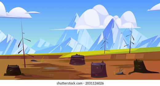 Deforestation, nature disaster, chopping forest concept. Tree stumps and bare trunks on deserted area with mountains view. Save nature, environment protection, Earth day, cartoon vector illustration