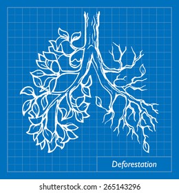 Deforestation is one of the most acute environmental problems. EPS10 vector illustration imitating blueprint style scribbling with white marker.