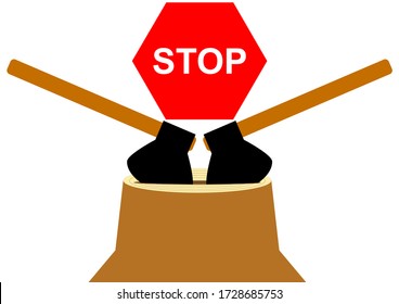 Deforestation is prohibited. Environmental Protection. Timber industry. Ecological catastrophy. Joiner tool ax. Vector image STOP sign.