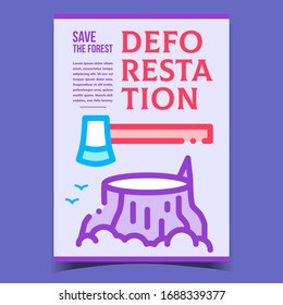 Deforestación, vector de afiches de promoción forestal. Ax, Árbol De Deforestación Y Aves En Un Cartel Publicitario Creativo. Plantilla Concepto De Entorno Y Naturaleza Ilustración De Color Elegante