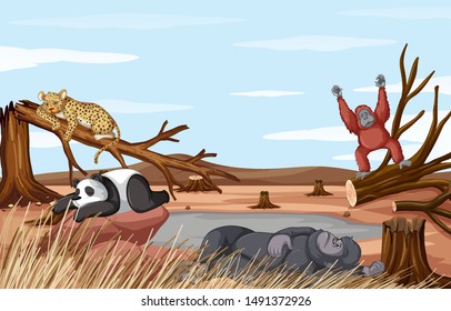 Deforestation scene with animals dying from drought illustration