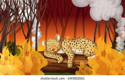 Deforestation scene with cheetah dying in wildfire illustration