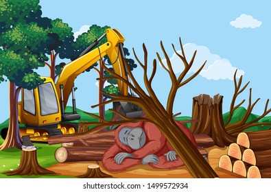 Deforestation Scene With Dying Monkey Illustration