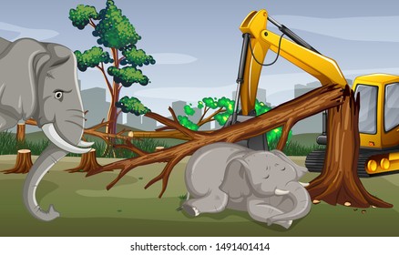 Deforestation scene with elephant and tractor illustration