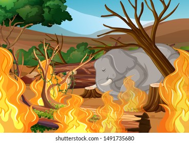 Deforestation scene with elephant and wildfire illustration