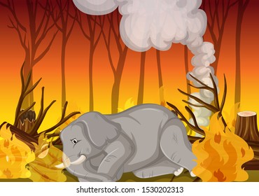 Deforestation scene with elephant in wildfire illustration