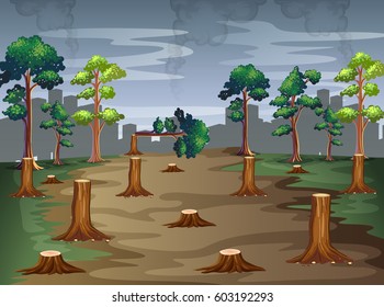 Deforestation scene with felled trees in nature