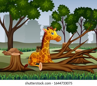 Deforestation scene with giraffe in drought illustration