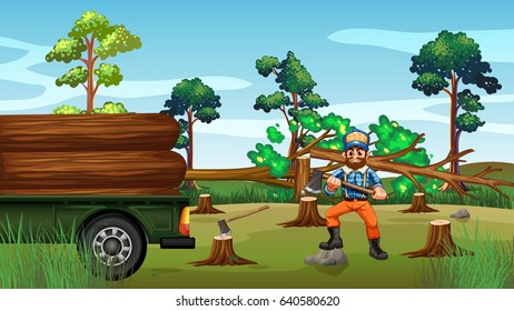Deforestation scene with lumber chopping trees illustration