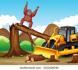 Deforestation scene with monkey and bulldozer illustration