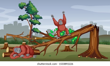 Deforestation scene with monkey dying illustration