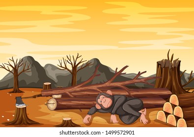 Deforestation scene with monkey and timber illustration