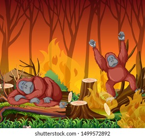 Escena de la deforestación con ilustración de monos y incendios forestales