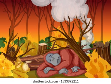 Deforestation scene with monkey and wildfire illustration