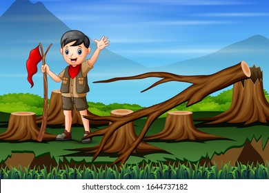 Deforestation scene with a scout boy