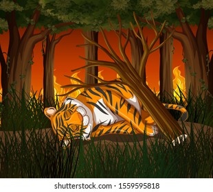 Deforestation scene with tiger and wildfire illustration