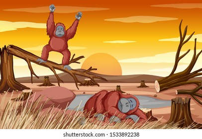 Deforestation scene with two chimpanzee dying illustration