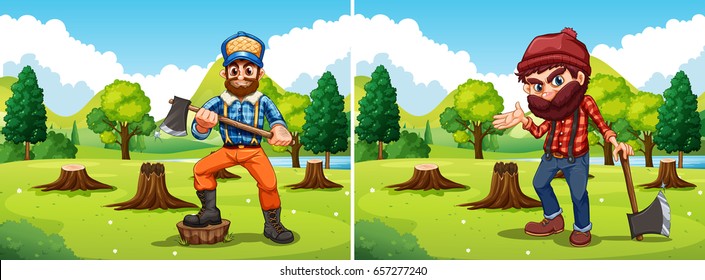 Deforestation scenes with two lumberjacks illustration