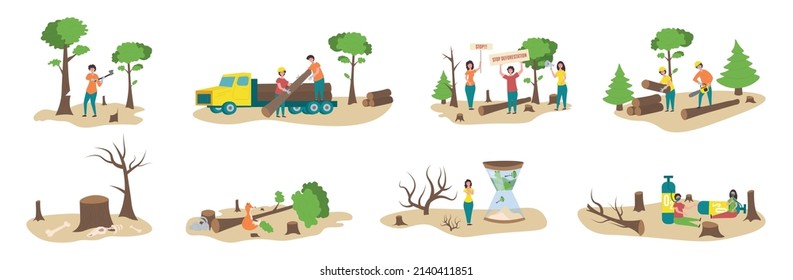 Deforestation Set With Environmental Protection Symbols Flat Isolated Vector Illustration