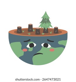 Deforestation vector concept. Cartoon earth with sad face, tree stumps, and wood showing nature destruction. Symbolizes forest loss, climate change, and environmental damage. Cartoon illustration.