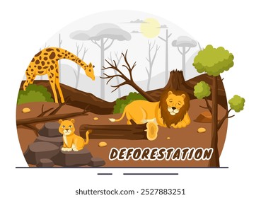 Ilustración vectorial de deforestación que presenta un bosque talado con árboles ardiendo, creando contaminación y conduciendo a la extinción de animales