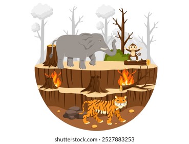 Deforestation Vector Illustration featuring a Felled Forest with Trees Burning, Creating Pollution and Leading to the Extinction of Animals