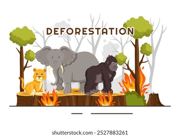 Ilustración vectorial de deforestación que presenta un bosque talado con árboles ardiendo, creando contaminación y conduciendo a la extinción de animales