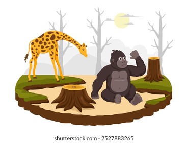 Ilustración vectorial de deforestación que presenta un bosque talado con árboles ardiendo, creando contaminación y conduciendo a la extinción de animales