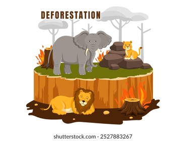 Ilustración vectorial de deforestación que presenta un bosque talado con árboles ardiendo, creando contaminación y conduciendo a la extinción de animales