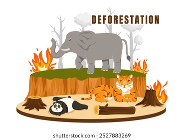 Deforestation Vector Illustration featuring a Felled Forest with Trees Burning, Creating Pollution and Leading to the Extinction of Animals