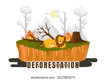 Ilustración vectorial de deforestación que presenta un bosque talado con árboles ardiendo, creando contaminación y conduciendo a la extinción de animales