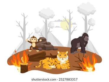 Ilustración vectorial de deforestación que presenta un bosque talado con árboles ardiendo, creando contaminación y conduciendo a la extinción de animales