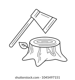 Deforestation vector line icon isolated on white background. Axe with stump symbolizing deforestation line icon for infographic, website or app.