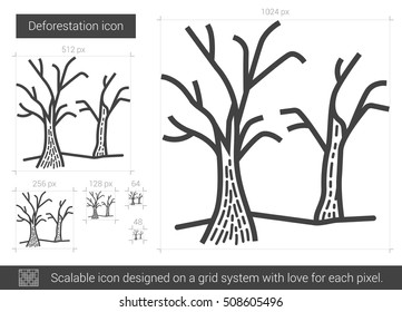 Deforestation vector line icon isolated on white background. Deforestation line icon for infographic, website or app. Scalable icon designed on a grid system.