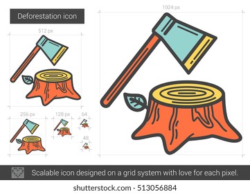 Deforestation vector line icon isolated on white background. Deforestation line icon for infographic, website or app. Scalable icon designed on a grid system.