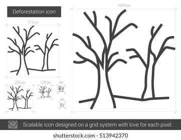 Deforestation vector line icon isolated on white background. Deforestation line icon for infographic, website or app. Scalable icon designed on a grid system.