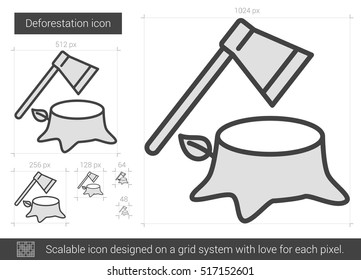 Deforestation vector line icon isolated on white background. Deforestation line icon for infographic, website or app. Scalable icon designed on a grid system.