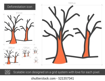Deforestation vector line icon isolated on white background. Deforestation line icon for infographic, website or app. Scalable icon designed on a grid system.