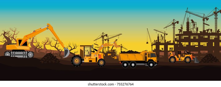 Deforestation vector,Construction silhouettes vector background,Book Cover Design.