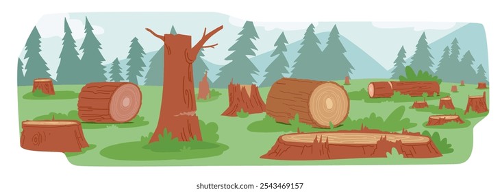 Deforested Area With Tree Stumps And Fallen Logs Scattered Across The Land, Illustrating The Impact Of Logging And Deforestation, Environmental Concerns Related To Tree Cutting And Forest Clearing