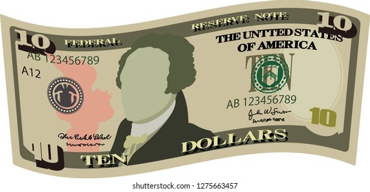 Deformed 10 US dollar banknote
