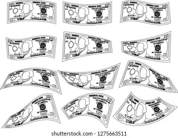 Deformed 10 US dollar banknote outline set