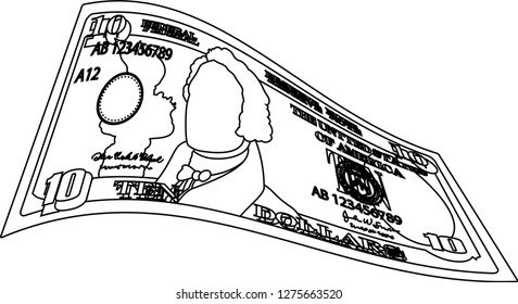 Deformed 10 US dollar banknote outline