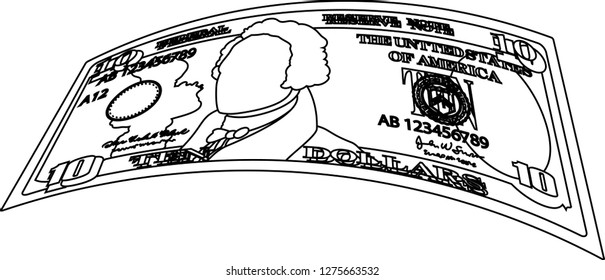 Deformed 10 US dollar banknote outline
