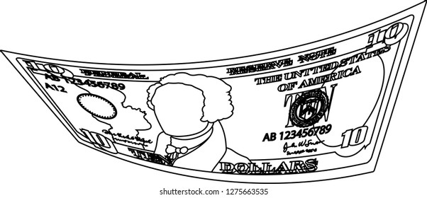 Deformed 10 US dollar banknote outline
